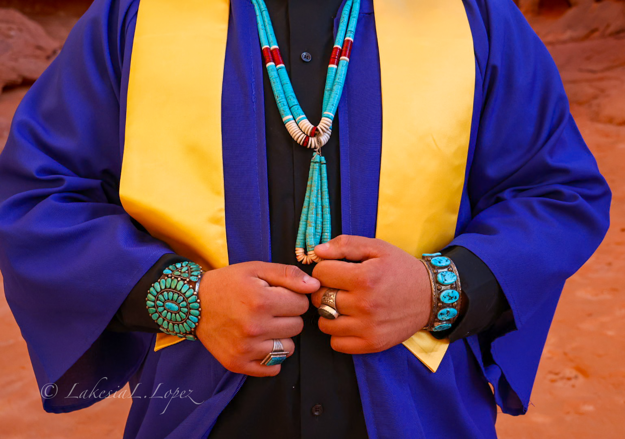 Graduation portrait detail with turquoise jewelry